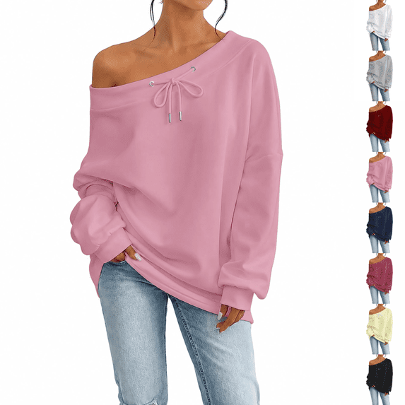Off The Shoulder Sweatshirt for Women Fall Winter Sweaters Oversized Long Sleeve Crewneck Pullover Sweater Lightweight Casual Clothes