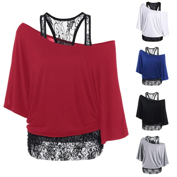 Off The Shoulder T Shirts for Women Lace Bat Sleeve Tee Lightweight Loose Long Casual Tops Grey XXL