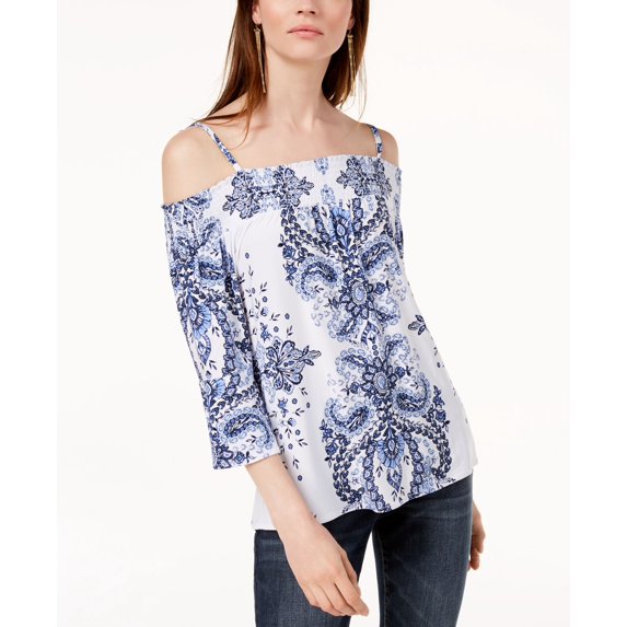 Off The Shoulder Top Blue Speckle Paisley XS