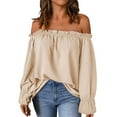 thumbnail image 1 of Off The Shoulder Tops For Women Trendy Frill Ruffle Long Sleeve Shirts Casual Solid Sexy Tees Fall Loose Fit Blouses, 1 of 2