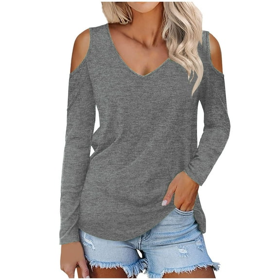 Off The Shoulder Tops For Women V-Neck T Shirt Tees Ladies Long Sleeve T-Shirts Blouse Pullover Sweatshirts,Gray,X-Large