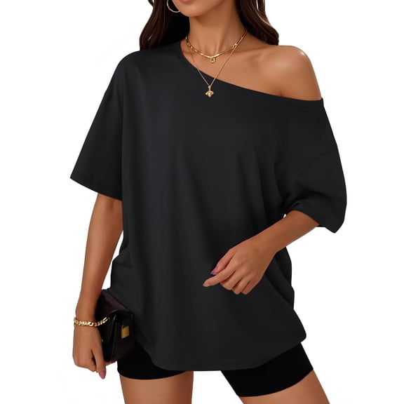 Off The Shoulder Tops Oversized Tshirts Short Sleeve Basic Tee 2026 Casual Summer Fashion Clothes Black XL
