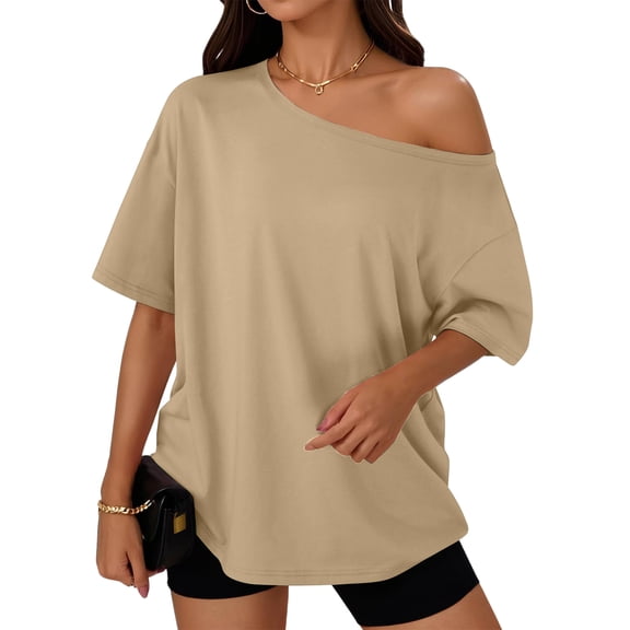 Off The Shoulder Tops Oversized Tshirts Short Sleeve Basic Tee 2026 Casual Summer Fashion Clothes Camel XL
