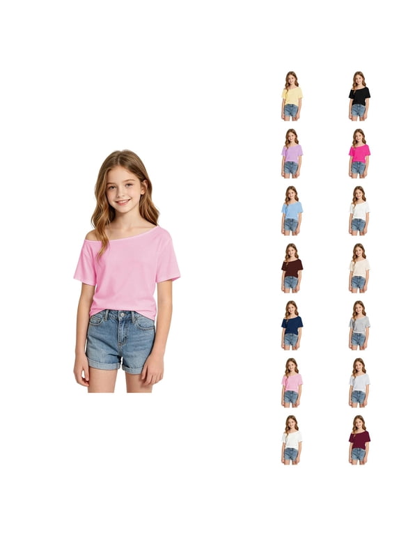 Off The Shoulder Tops for Girls Short Sleeve Fashion Tunic T Shirts Summer Loose Fit Going out Tops 7-12 Years