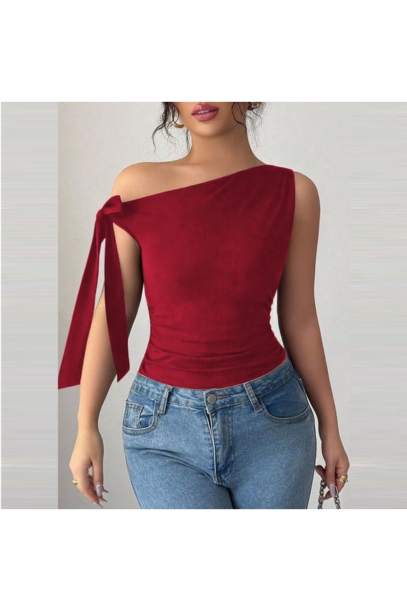 Off The Shoulder Tops for Women 2026 Tie-Up Tank Women's Asymmetrical Crop Knot Side Top Y2K Casual Going Out Cute Top Red M