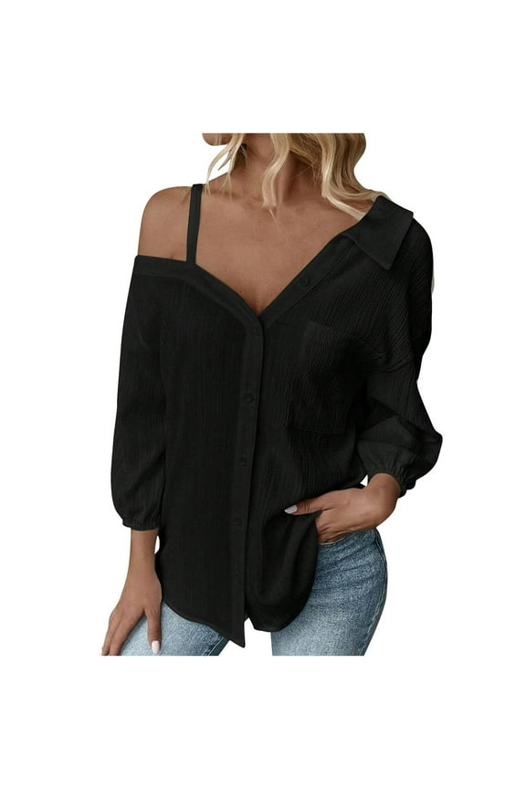 Off The Shoulder Tops for Women Casual Trendy 3/4 Sleeve Textured Shirts Sexy Dressy Elegant Blouse Going Out Tops Black XL