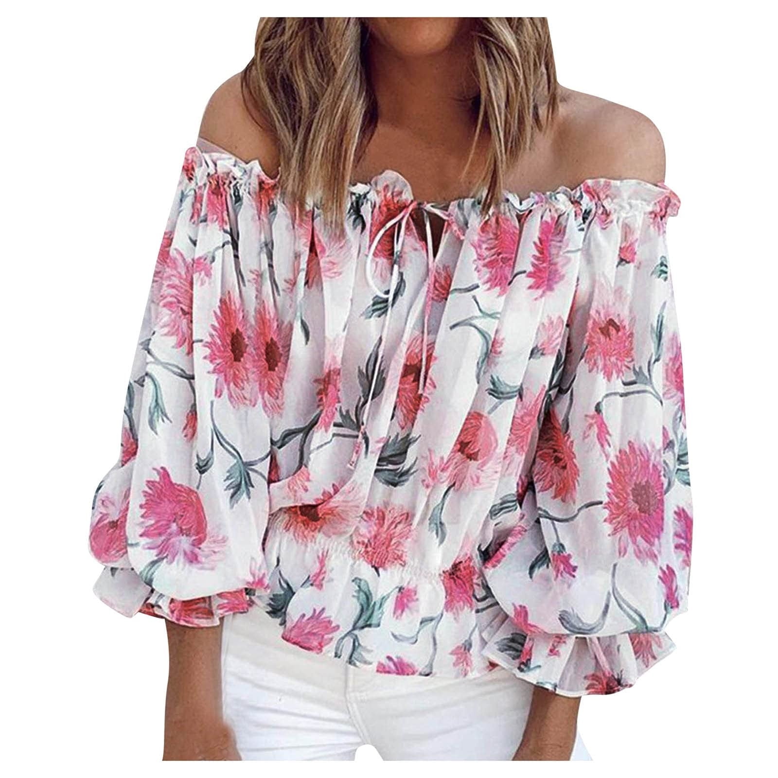 Off The Shoulder Tops for Women Dressy Casual Boho Floral Print Ruffle 3 4 Sleeve Summer Fall Trendy Blouses X Large White