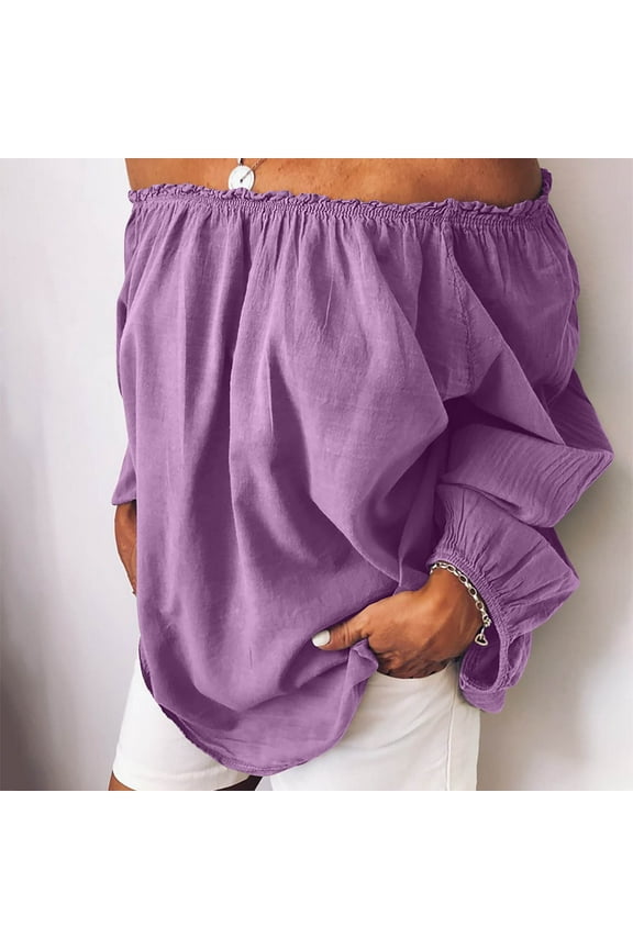 Off The Shoulder Tops for Women Plus Size S-5X Long Sleeve Cotton Linen Shirts Ladies Casual Loose Solid Lightweight Blouses