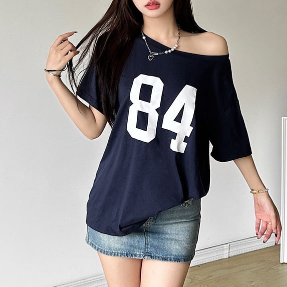Off The Shoulder Tops for Women Short Sleeve Y2K Number Graphic Tees (Blue L)