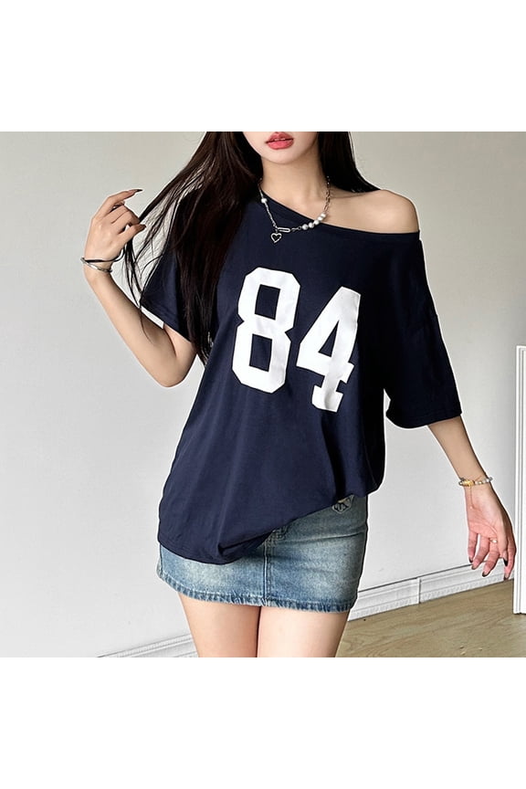 Off The Shoulder Tops for Women Short Sleeve Y2K Number Graphic Tees (Blue L)