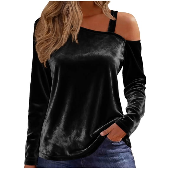 Off The Shoulder Tops for Women Velvet Cold Shoulder Frill Long Sleeve Fall Spring Sexy Trendy Tops