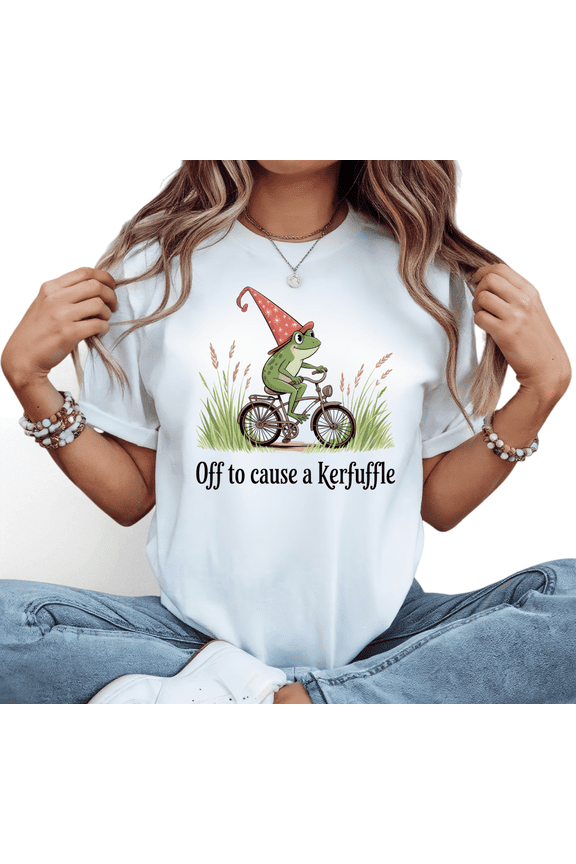 Off To Cause A Kerfuffle Graphic Tees T Shirt Witch Frog Bicycle Design Cotton Tops Short Sleeve Round Neck White S-5XL