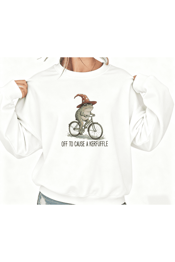 Off To Cause A Kerfuffle Graphic Tees T Shirt Witch Frog Bicycle Design Trendy Daily Wear Tops Round-neck long-sleeved white S-3XL