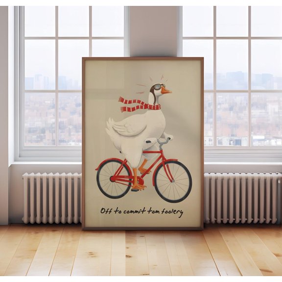 Off To Commit Tom Foolery Goose Print Goose On A Bicycle Board Animal Wall Art, Unframed Paper Print