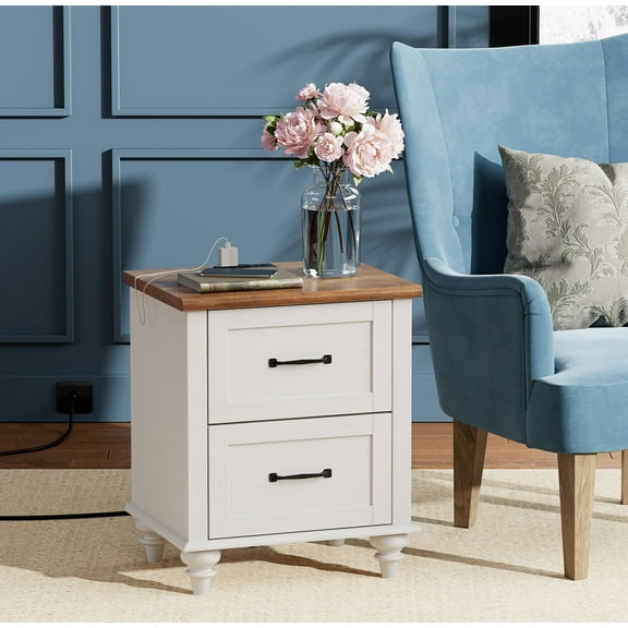 Off White 2 Drawers Nightstand with Charging Station, Solid Wood Legs Side Table for Bedroom