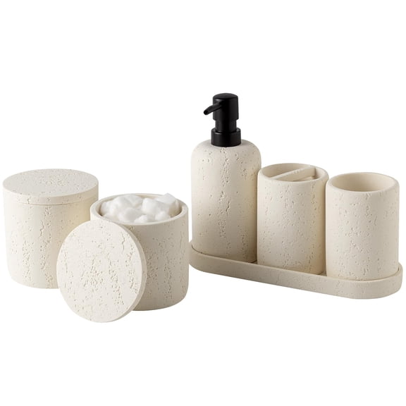 Off White 6 Pcs Travertine Stone-look Bathroom Accessory Set for Countertop