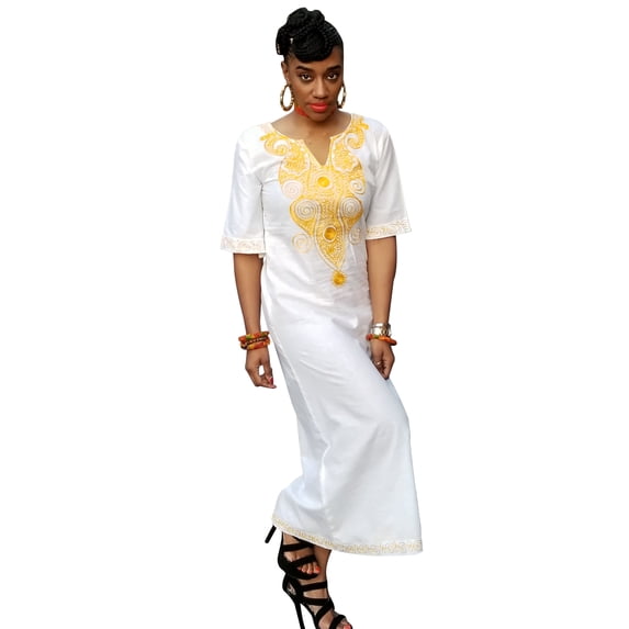 Off-White African Dashiki Dress with Golden Orange Embroidery