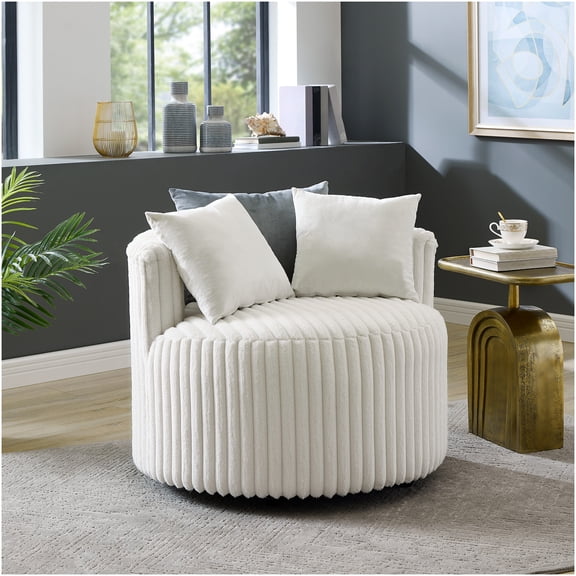 Off-White Barrel Accent Chair with Wheels, Plush Wide Wale Corduroy Upholstered Lounge Chair for Living Room, Modern Reading Chair with Pillows