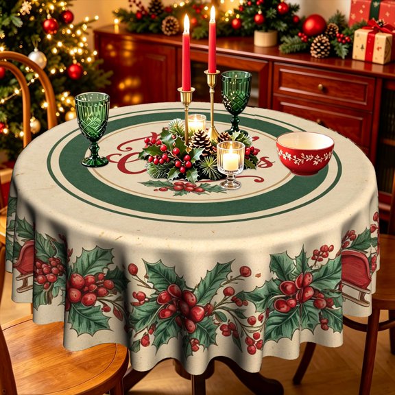 Off White Base Green Circular Frame Holly Berry Cursive Merry Christmas Polyester Round Tablecloth,35/50/60/70 inch,Dining Table Holiday Party Decor
