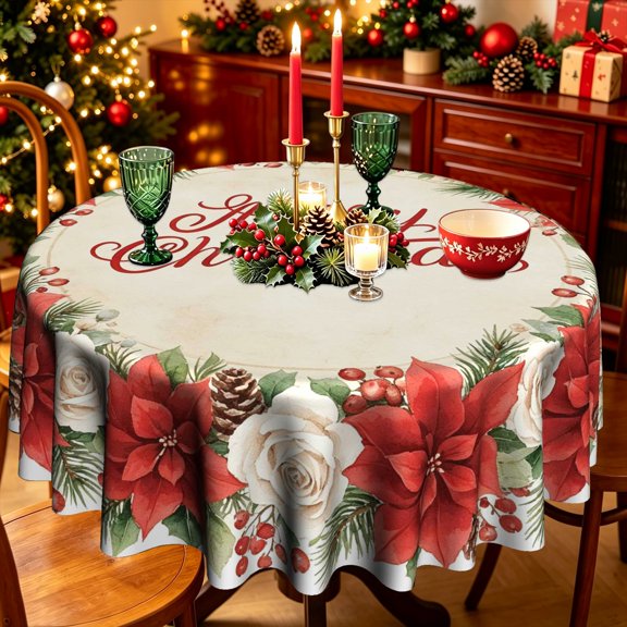 Off White Base Red Poinsettia Red Rose Cursive Merry Christmas Polyester Round Tablecloth,35/50/60/70 inch,Dining Table Holiday Party Decor
