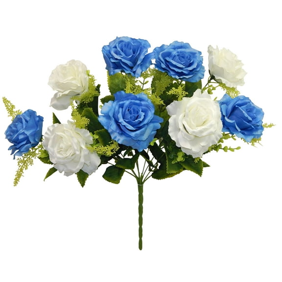Off-White Blue Rose with Eucalyptus 19in Artificial Polysilk Faux Greenery Fake Flower Bush for Craft Home Bouquet Arrangement Ceremony Wedding Arch Floral Wall Aisle Decor (Cream Blue, One each)