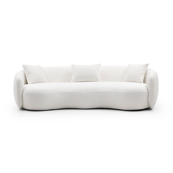 Off-White Boucle Fabric Curved Sofa, 4-Seater Mid-Century Modern Couch for Living Room, Apartment, No Assembly