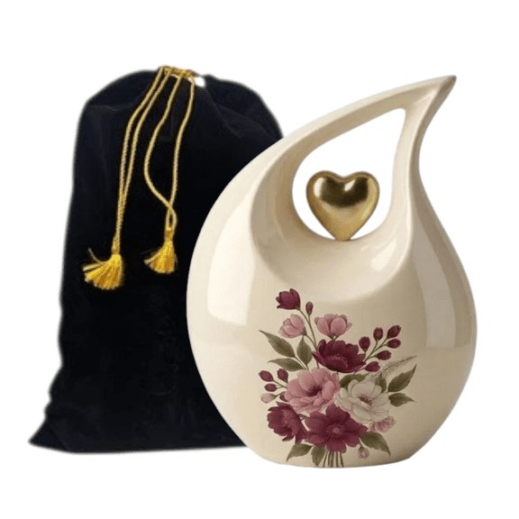 Off White Ceramic Funeral Urn for Ashes Adult Female - Teardrop Memorial Urns with Velvet Bag, Floating Heart Details, Comfort Tribute Keepsake