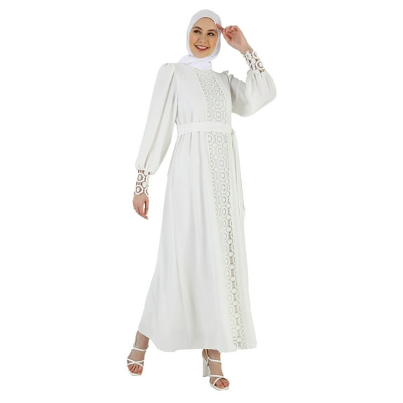 Off White - Crew neck - Fully Lined - Modest Dress - Refka