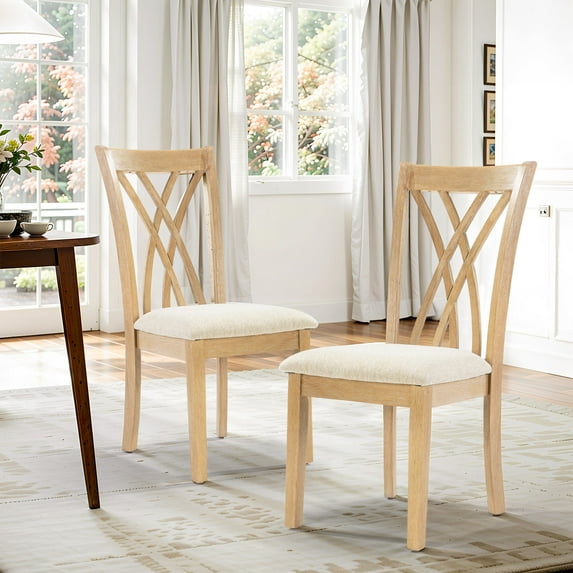 Off-White Dining Chairs Set of 2 - Rubberwood Legs with Adjustable Glides, 23" Seat Height, 250 Lbs Capacity, Easy Clean (White Washed)