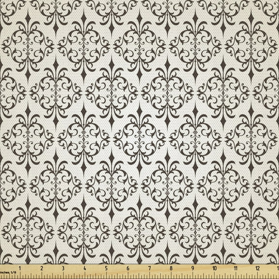 Off White Fabric by the Yard, Continuing Illustration of Flourishing Ethnic Traditional Strokes and Curls, Upholstery Fabric for Dining Chairs Home Decor Accents, 5 Yards, Umber Off White by Ambesonne