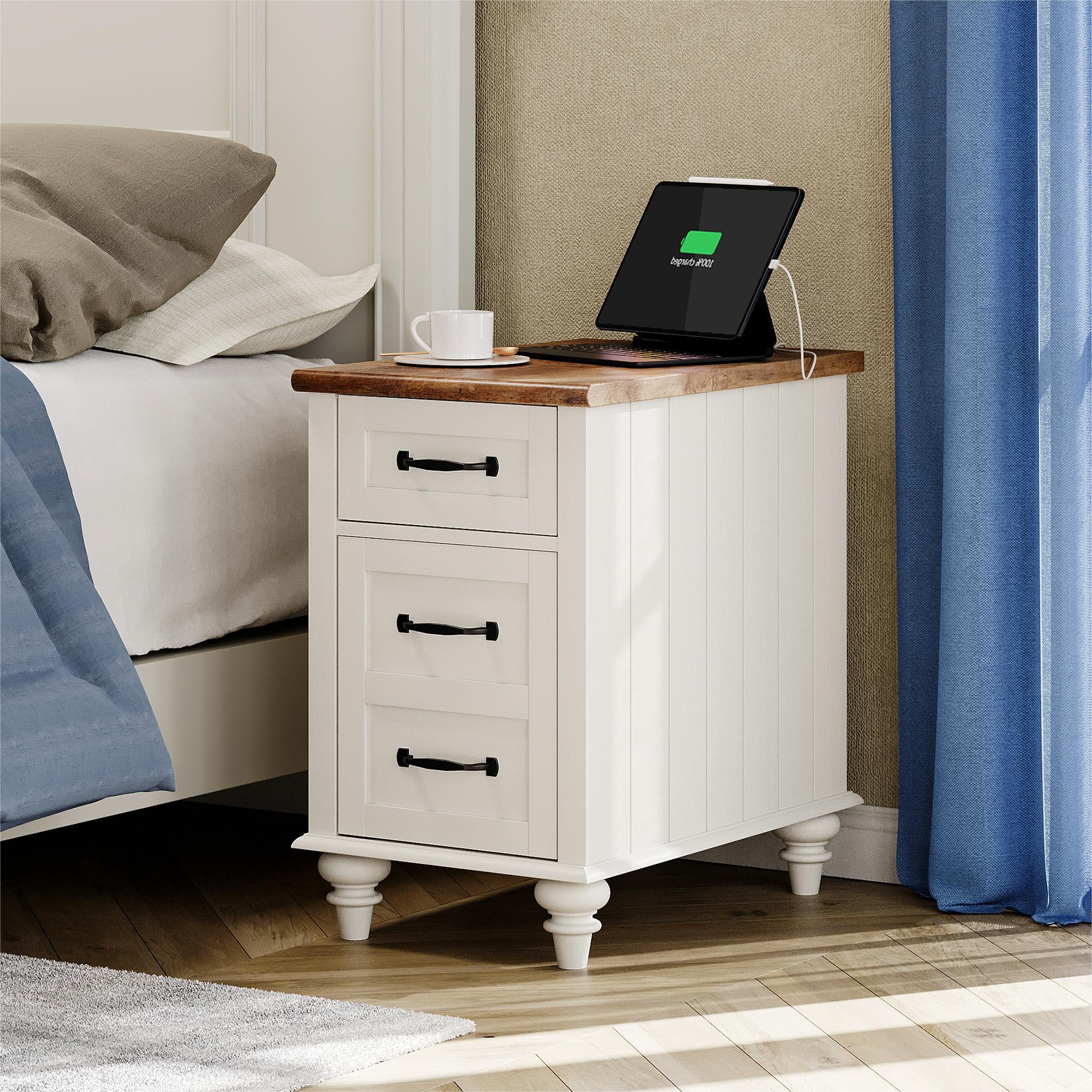 Off White Farmhouse End Table with Charging Station, Wooden Side Table with Drawer and Cabinet for Living Room Bedroom