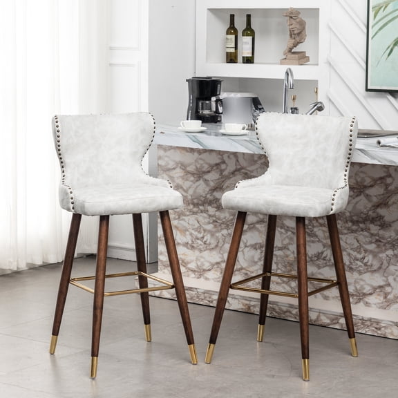 Off-White Faux Leather Barstools | Button Tufted Back for Retro Vibe | Gold Footrest for Added Style | All Assembly Items Included