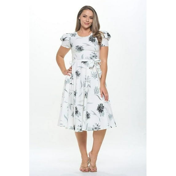 Off White Grey 1x-2x Plus Size Women's Short Puff Sleeve Midi Floral Cocktail Flare Tea Party, Formal and Casual Dresses