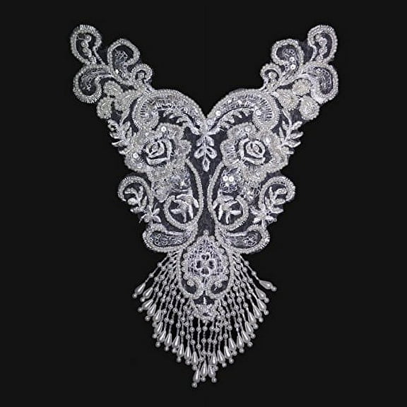 Off-White Handmade Pearl Sequins Beaded Embroidered Bridal Applique Motif Patch