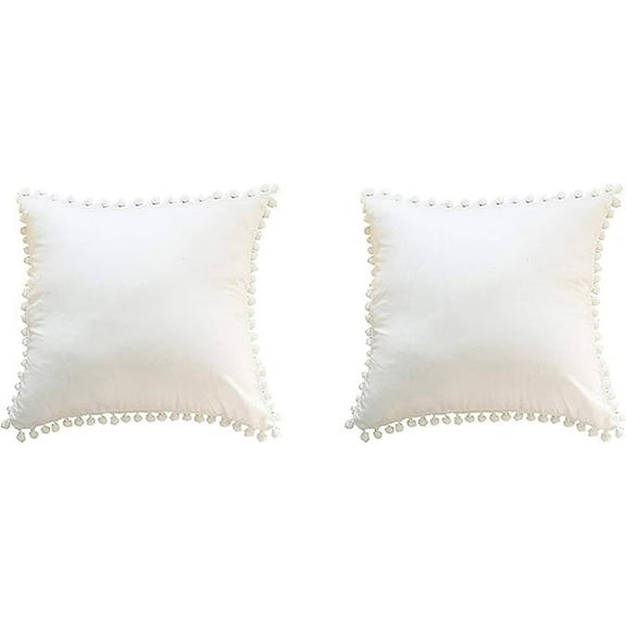 Off White Ivory Euro Pillow Covers Cases Cotton with Pom Poms 18" x18" Pack of 2