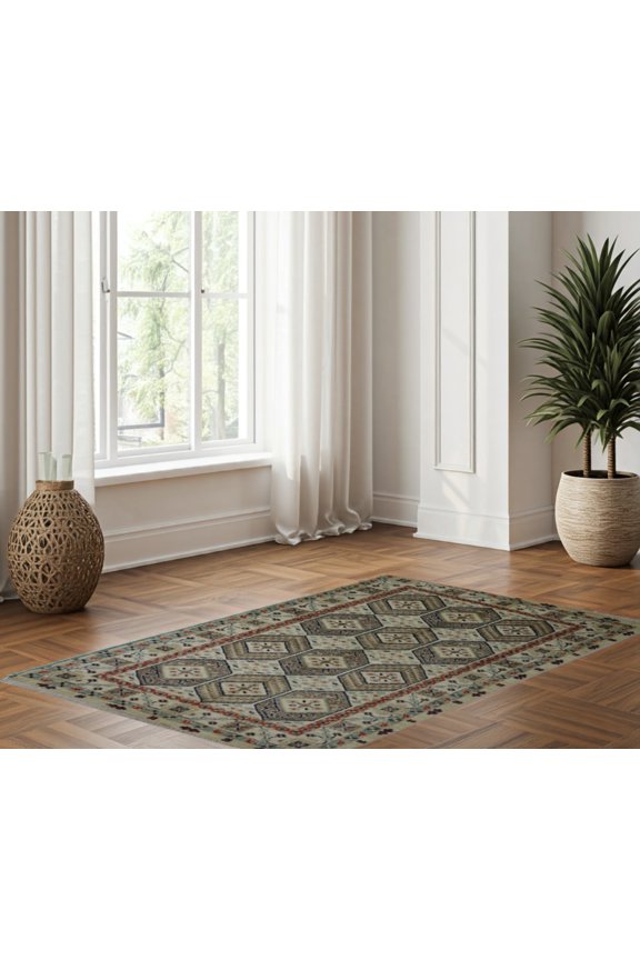 Off White Ivory Premium Handwoven Pure Wool Chobrang Rug, 3ft 1in x 5ft 0in