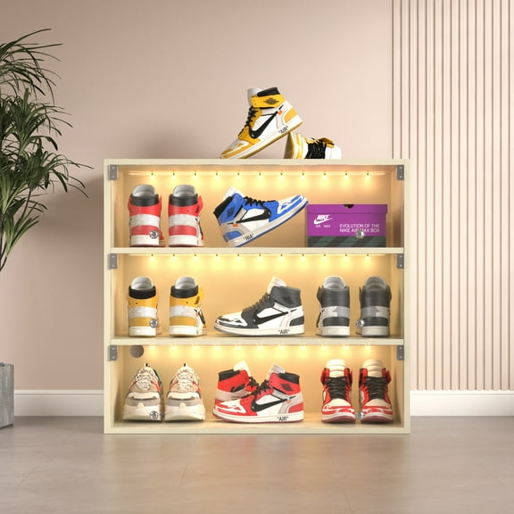 Off White LED Light Shoe Box Three Tiered with Glass Doors Storage for Sneaker Collection Remote Control Light Function