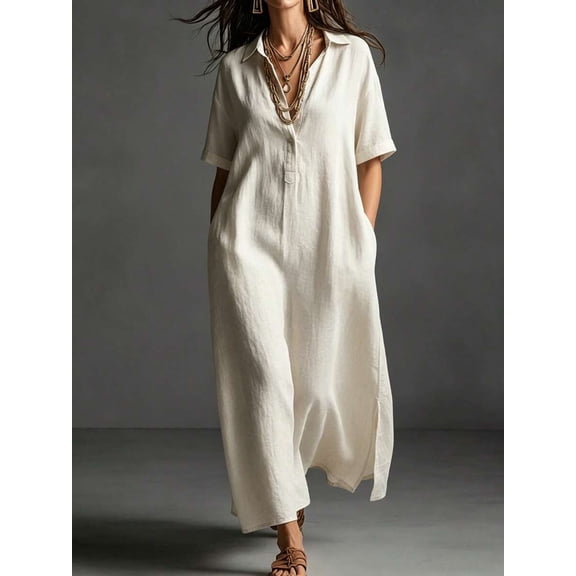 Off White Linen Blend Oversized Shirt Dress With Short Sleeves And Side