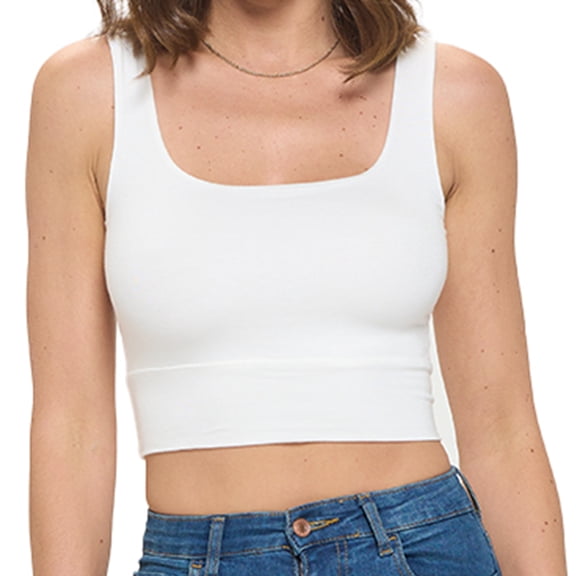 Off White Medium Size Women's Sleeveless Square Neck Crop Top, Basic Slim Fit Shirt, Sexy Casual Cute Going Out, Trendy Spring Summer 2024