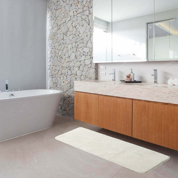 Evideco French Home Goods Off White Microfiber Polyester Double Sink Bath Mat Runner - 48"L x 20"W