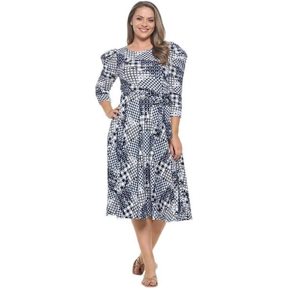 Women's Summer Swing Puff 3/4 Sleeve Midi Cocktail Pockets with Tie Waist for Party, Formal and Casual Dresses(Off White Navy 3X Plus Size)
