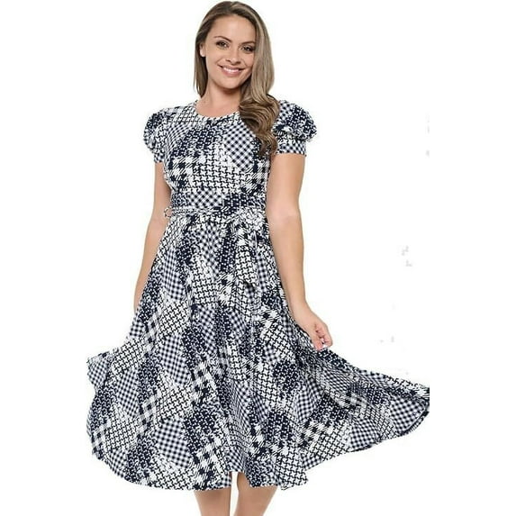 Off White Navy Large-X-large Size Women's Short Puff Sleeve Midi Plaid Cocktail Flare Tea Party, Formal and Casual Dresses