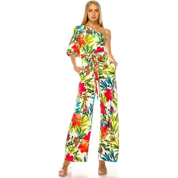 Off White Nectarine Medium Size Womens Summer Sexy Jumpsuit Formal and Casual Long Sleeve One Shoulder, Fashion Dresses, Occasions