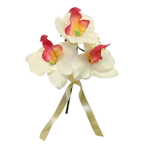 Off-White Orchid Wrapped in Ribbon 6in Artificial Polysilk Fake Flower Boutonniere for Craft Home Garden Outdoor Bouquet Arrangement Ceremony Wedding Arch Floral Wall Aisle Decor (Cream, Set of 6)