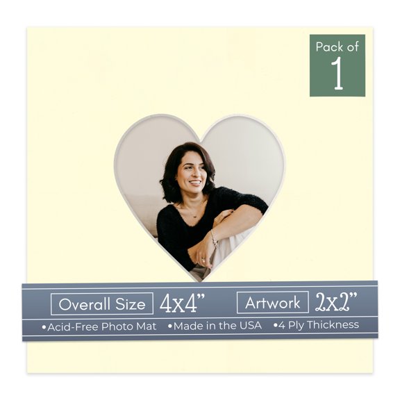 Off White Picture Frame Mat for 4x4 Inch Frames - Heart Opening for 2x2 Photos - 1 Mat