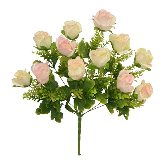 Off-White Pink Rose Bud with Eucalyptus 19in Artificial Polysilk Faux Greenery Fake Flower Bush for Craft Home Bouquet Arrangement Ceremony Wedding Arch Floral Wall Aisle Decor (Cream Pink, One each)
