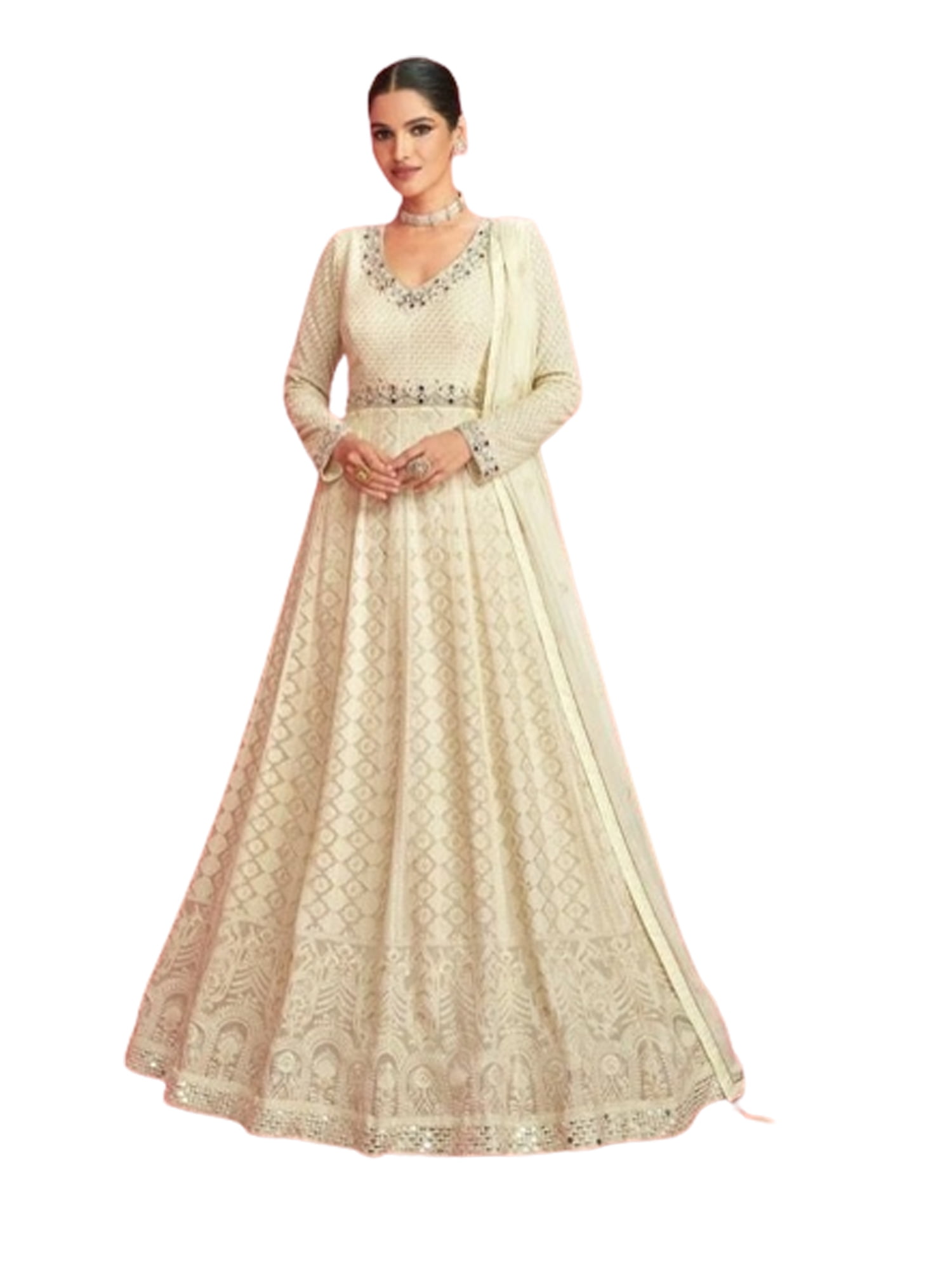 Buy Off White Anarkali Suit In Georgette With Thread Embroidery And Shaded  Organza Dupatta Online - Kalki Fashion