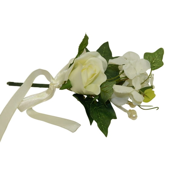 Off-White Rose Hydrangea with Pearl 8in Artificial Polysilk Greenery Fake Flower Boutonniere for Craft Date Prom Bouquet Arrangement Ceremony Wedding Arch Floral Wall Aisle Decor (Cream, Set of 6)