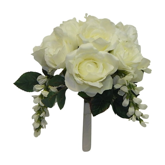 Off-White Rose Wisteria with Ribbon 14in Artificial Polysilk Faux Fake Flower Bouquet for Craft Home Garden Outdoor Table Arrangement Ceremony Wedding Arch Floral Wall Aisle Decor (Cream, One each)
