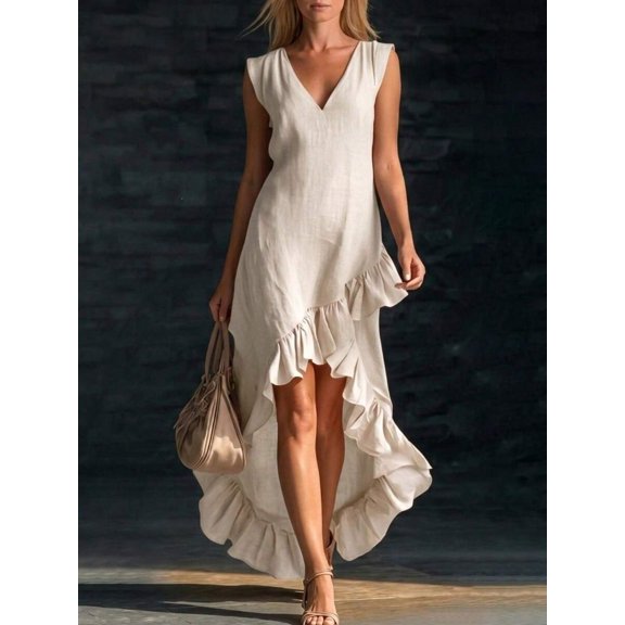 Off White Sleeveless V-Neck Ruffle Hem Cotton-Linen High-Low Long Dress